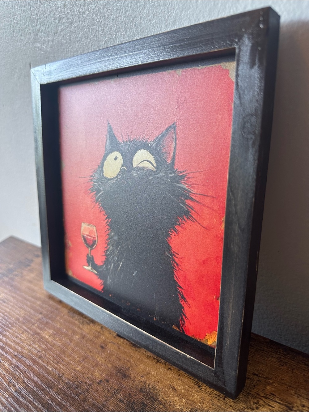 Framed Black Cat Wine Wooden Wall Art - Red Background Home Decor 8x8” NWT - Picture 2 of 5